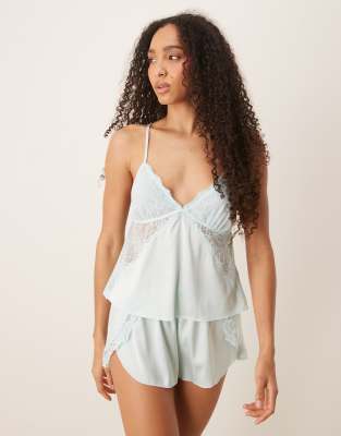 Abercrombie & Fitch Abercrombie & Fitch nightwear satin lace trim flippy short in blue co-ord