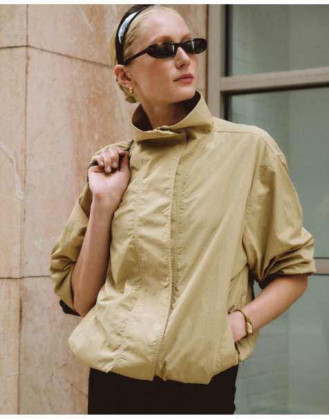 Abercrombie & Fitch Nylon mock neck jacket in tan - view 1