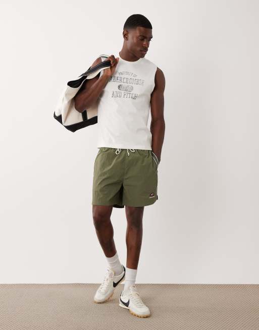 Abercrombie & Fitch nylon shorts with side stripe in khaki, 4 of 5