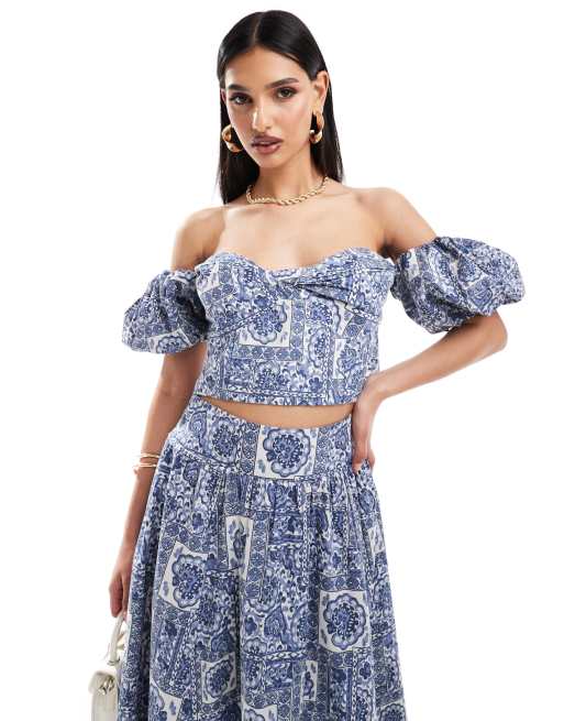 Abercrombie & Fitch – Oberteil mit blauem Kachelmuster und Puffärmeln, Kombiteil