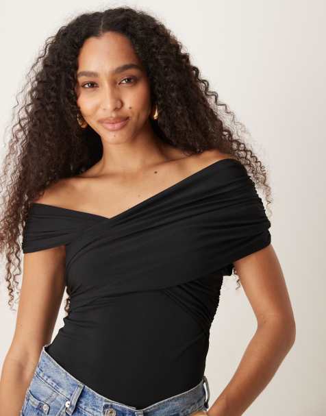 Abercrombie & Fitch off shoulder asymetric wrap bodysuit in black - view 1