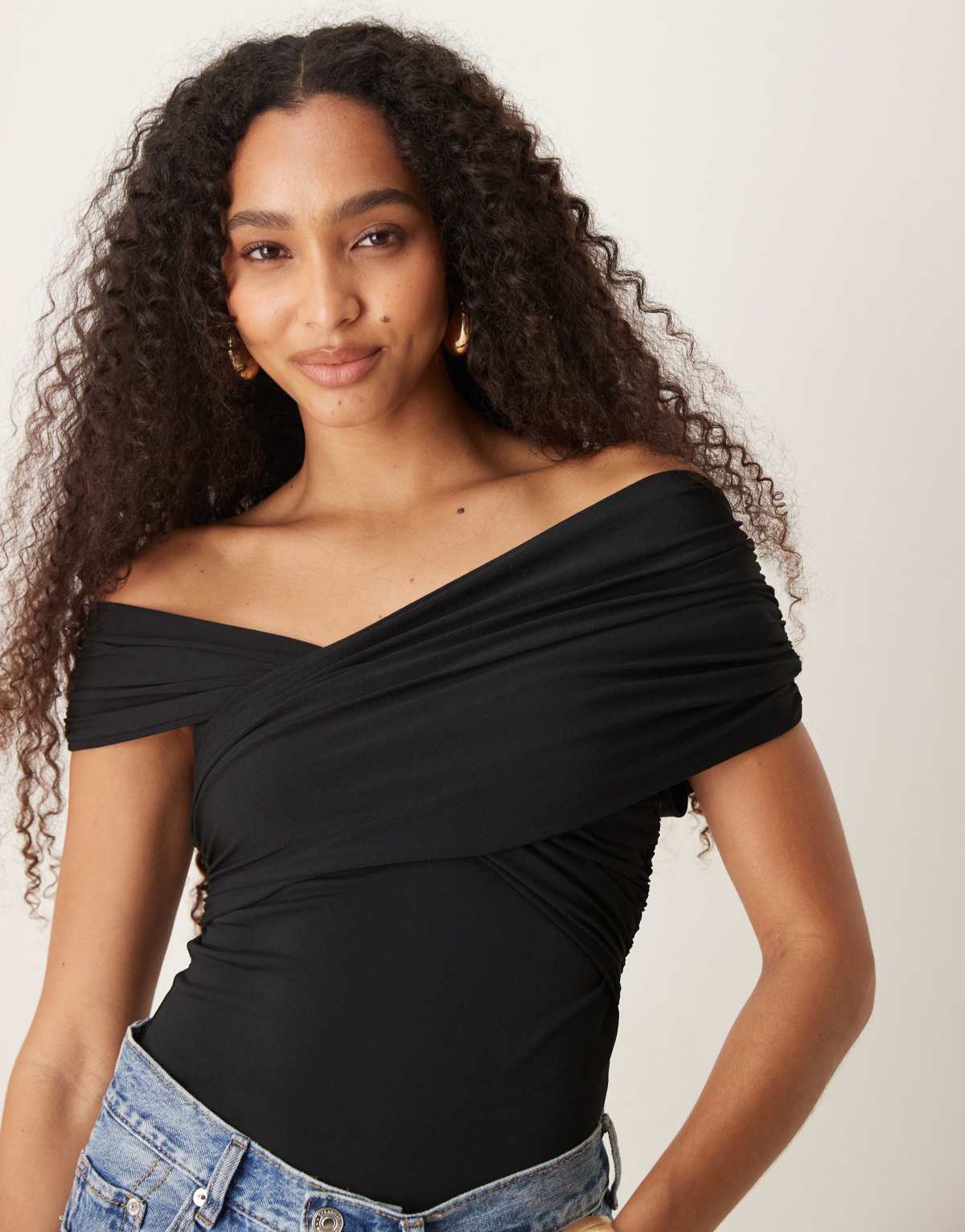 Abercrombie & Fitch off shoulder asymetric wrap bodysuit in black