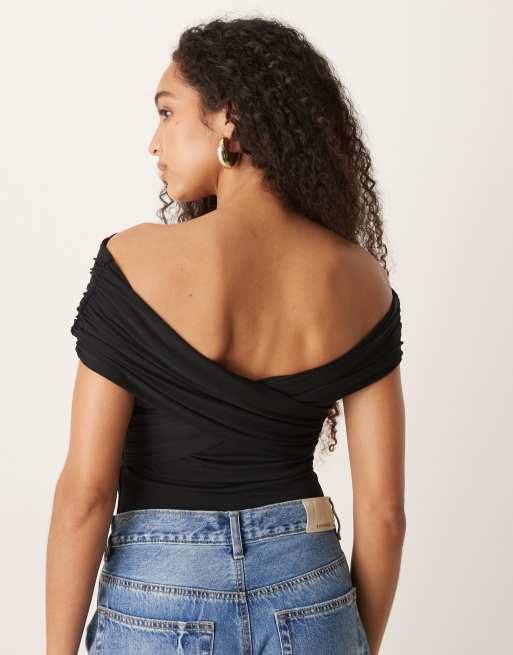 Abercrombie & Fitch off shoulder asymetric wrap bodysuit in black, 4 of 4
