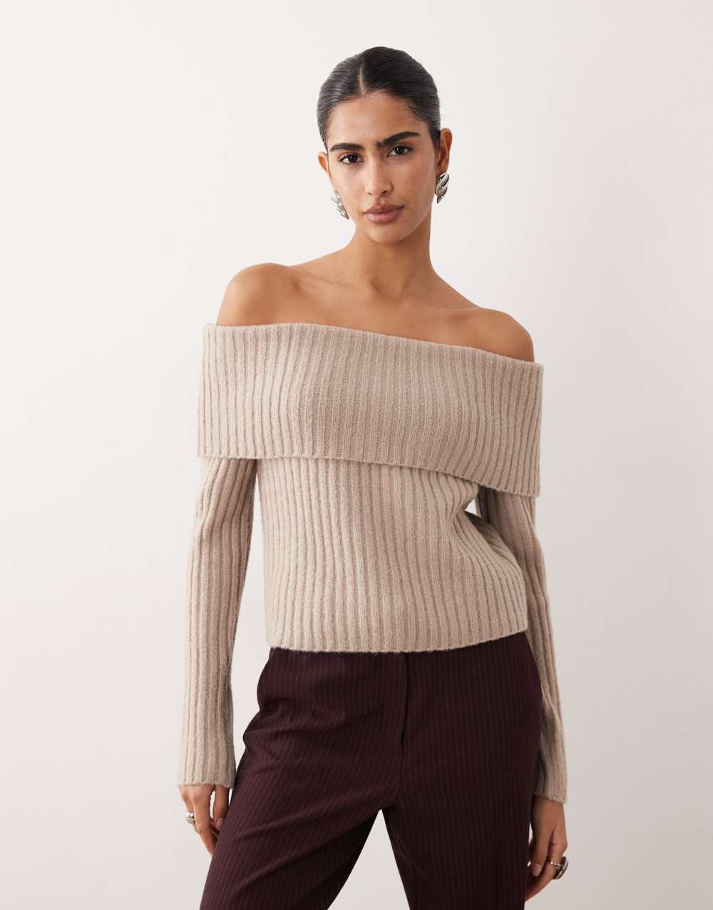 Abercrombie & Fitch off shoulder foldover jumper in oatmeal