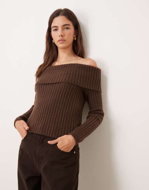 Abercrombie & Fitch off shoulder foldover sweater in brown - view 1