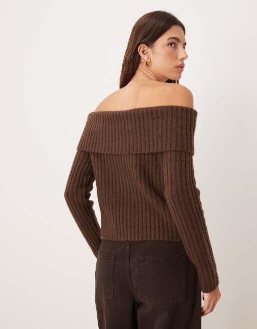Abercrombie & Fitch off shoulder foldover sweater in brown, 4 of 4