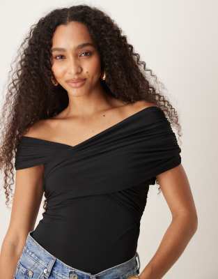 off the shoulder asymmetric wrap bodysuit in black