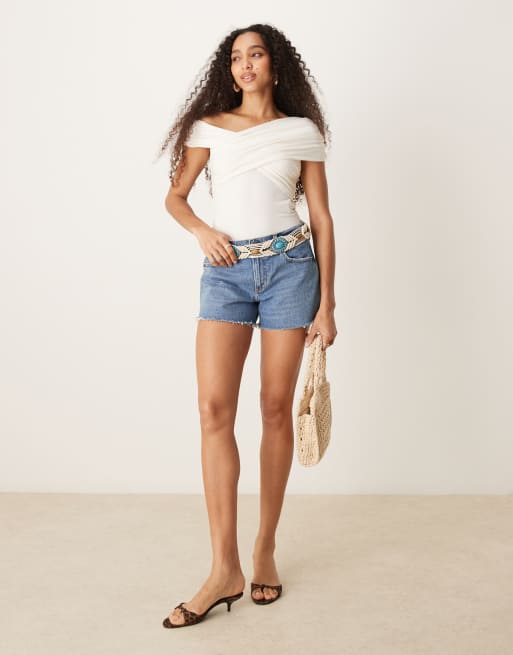 Abercrombie & Fitch off the shoulder asymmetric wrap bodysuit in white, 3 of 4