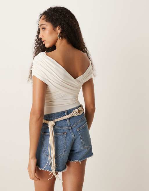 Abercrombie & Fitch off the shoulder asymmetric wrap bodysuit in white, 4 of 4