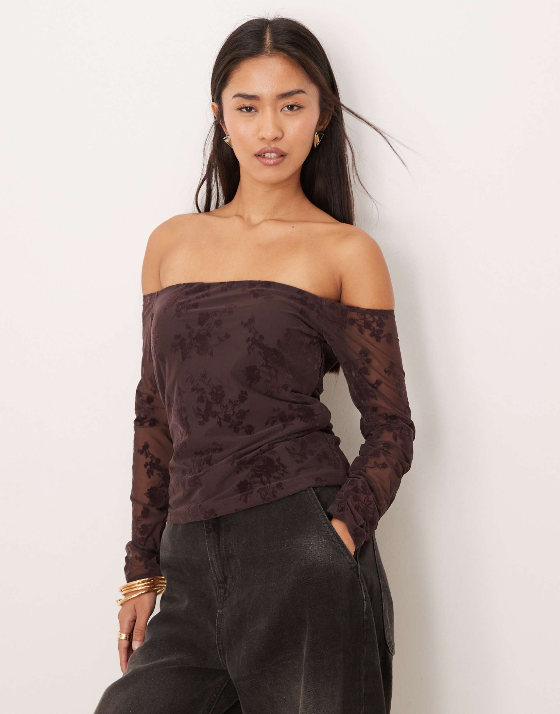 abercrombie & fitch off the shoulder bra free lace top in brown