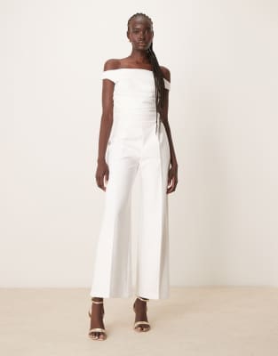 off the shoulder draped jumpsuit in off white