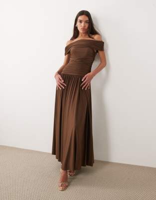 Abercrombie & Fitch off the shoulder drop waist maxi dress in brown | ASOS
