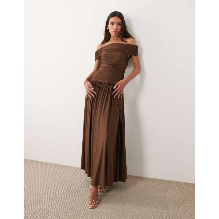 Abercrombie & Fitch off the shoulder drop waist maxi dress in brown | ASOS