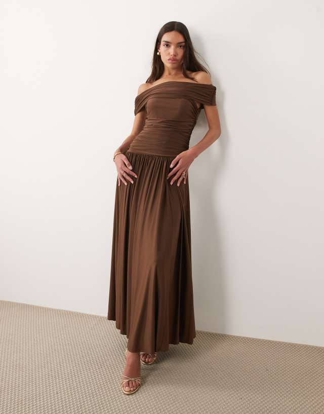 abercrombie brown dress & Fitch off the shoulder drop waist maxi in featuring straight neckline with summer-in-style Bec + Bridge - Size:UK 12-14 (M)