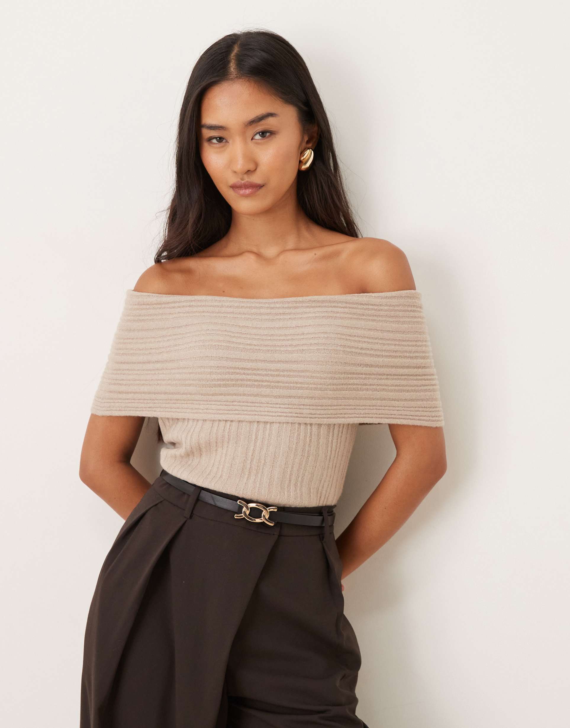 abercrombie & fitch off the shoulder foldover top in beige
