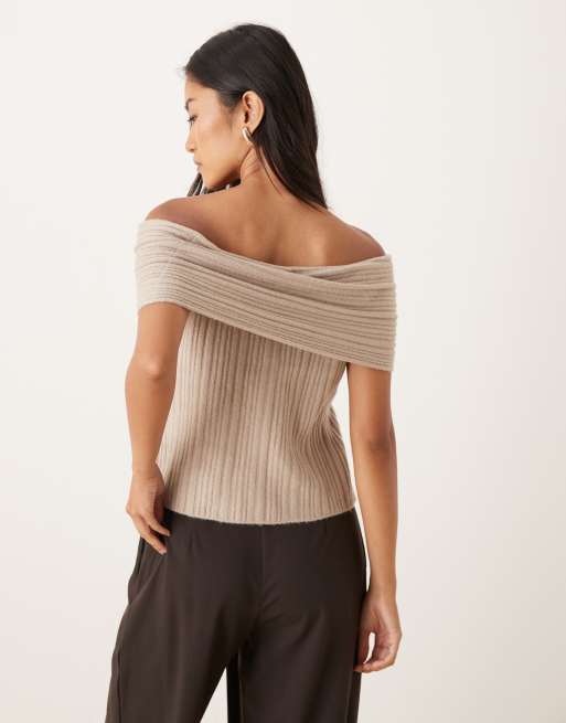 Abercrombie & Fitch off the shoulder foldover top in beige, 3 of 4