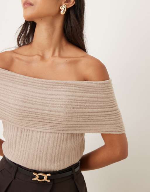 Abercrombie & Fitch off the shoulder foldover top in beige, 4 of 4