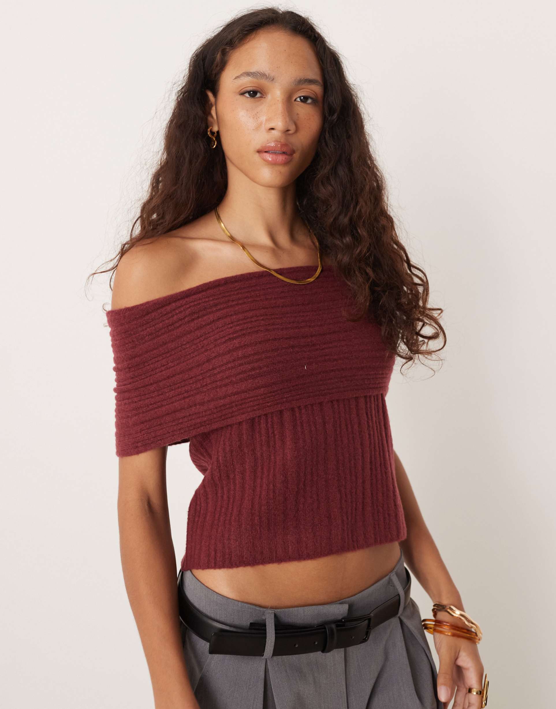 abercrombie & fitch off the shoulder foldover top in burgundy
