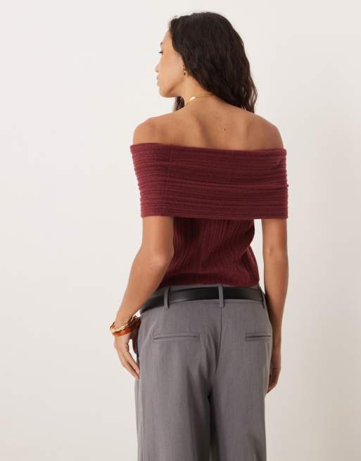 Abercrombie & Fitch off the shoulder foldover top in burgundy, 4 of 4