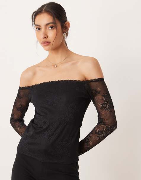 Abercrombie & Fitch off the shoulder lace top with built in bra in black - view 1