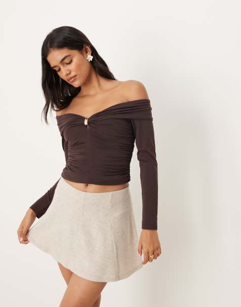 Abercrombie & Fitch off the shoulder long sleeve hardware detail top in brown - view 1