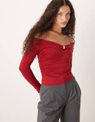 Abercrombie & Fitch Off The Shoulder Long Sleeve Hardware Top In Red