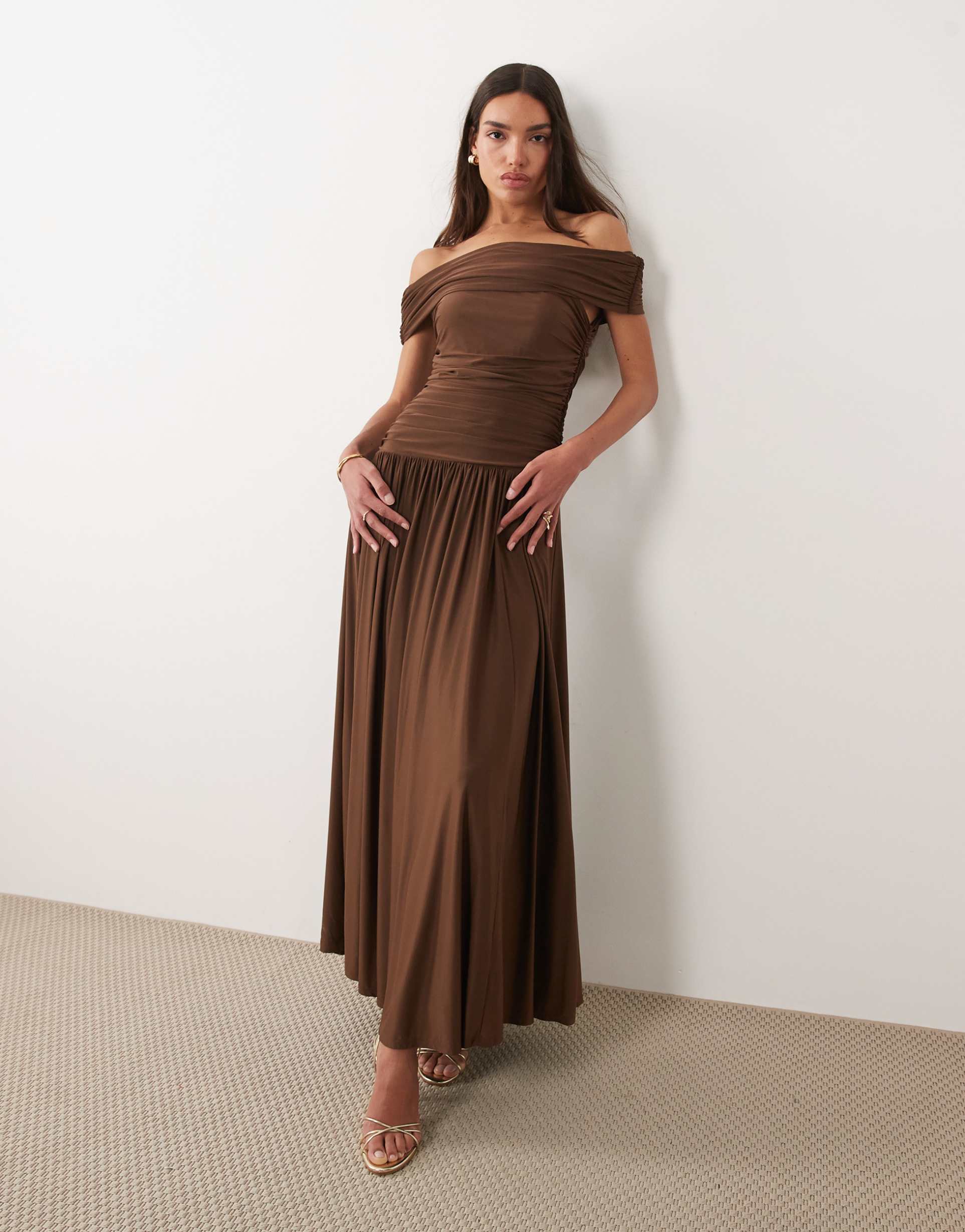 abercrombie & fitch off-the-shoulder mesh maxi dress in brown