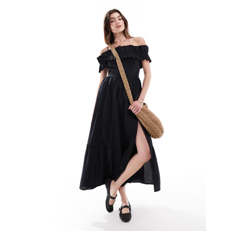 ruffle hem midi dress abercrombie Abercrombie & Fitch Off-The-Shoulder Ruffle Midi Dress