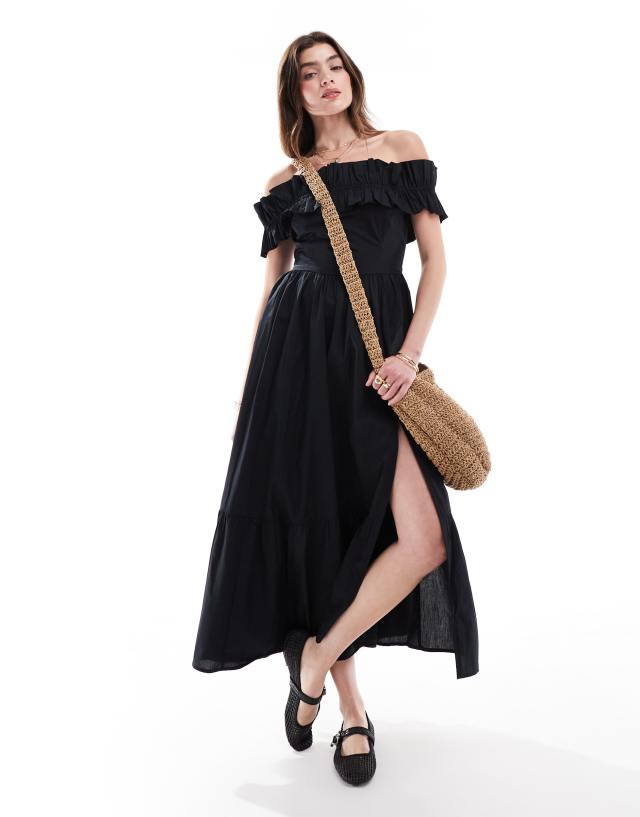 Abercrombie & Fitch - off the shoulder ruffle midi dress in black