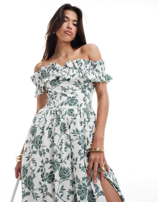 Abercrombie Fitch off the shoulder ruffle midi dress in white with green floral print