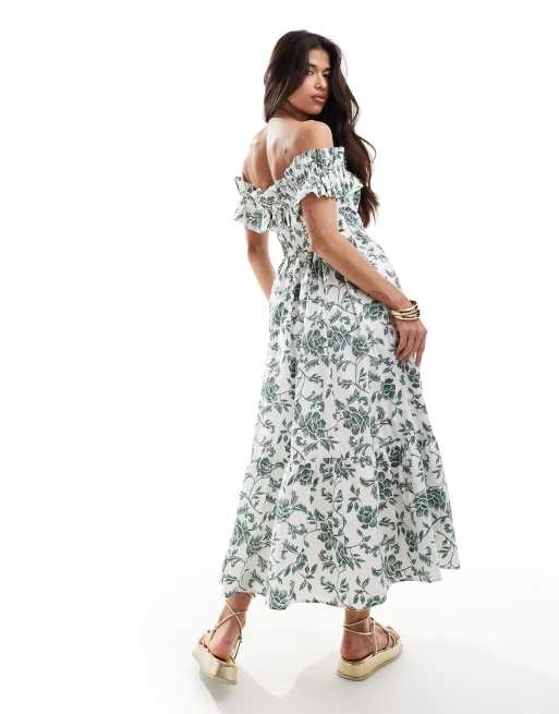 Abercrombie Fitch off the shoulder ruffle midi dress in white with green floral print