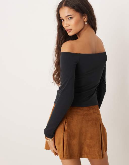 Abercrombie & Fitch off the shoulder seamless long sleeve top in black, 3 of 4