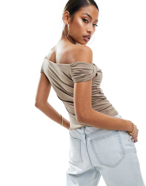 Abercrombie & Fitch off the shoulder twist top in brown, 4 of 4