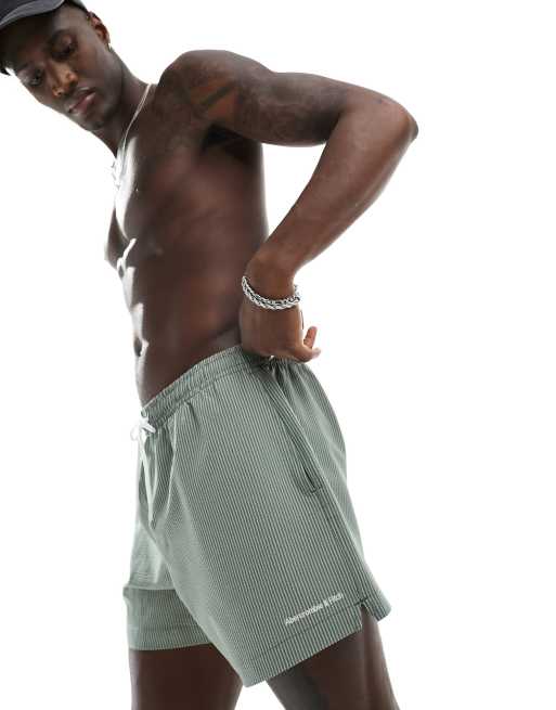 Abercrombie & Fitch – Olivgröna, randiga badshorts i dra på-stil med logga på 5 tum