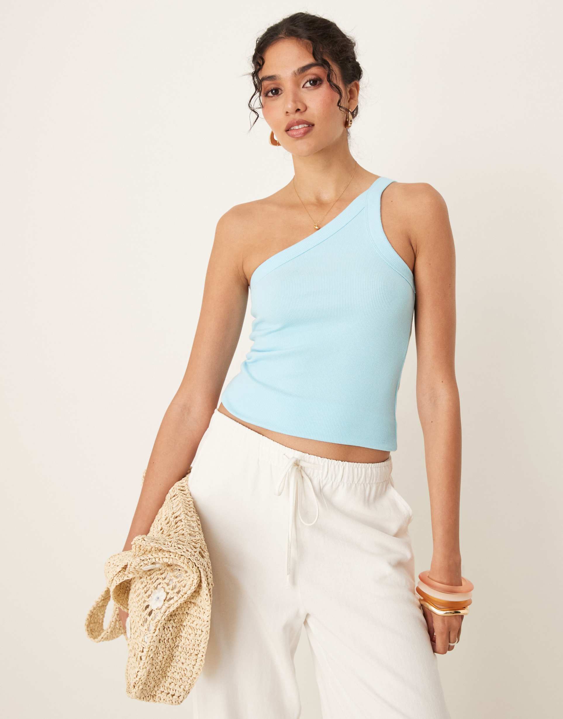 abercrombie & fitch one shoulder asymmetric ribbed tank top in blue