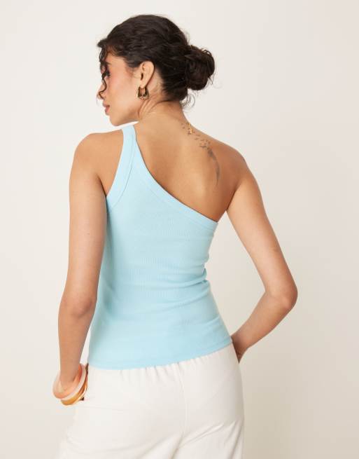 Abercrombie & Fitch one shoulder asymmetric ribbed tank top in blue, 2 of 4