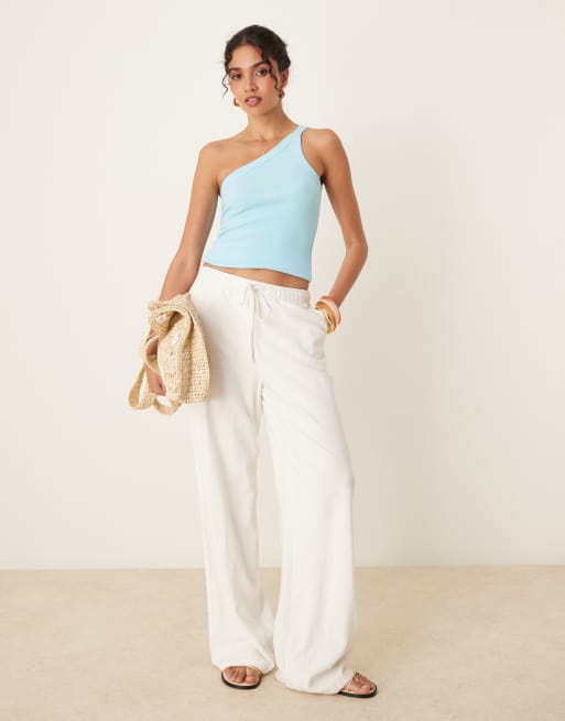Abercrombie & Fitch one shoulder asymmetric ribbed tank top in blue, 3 of 4