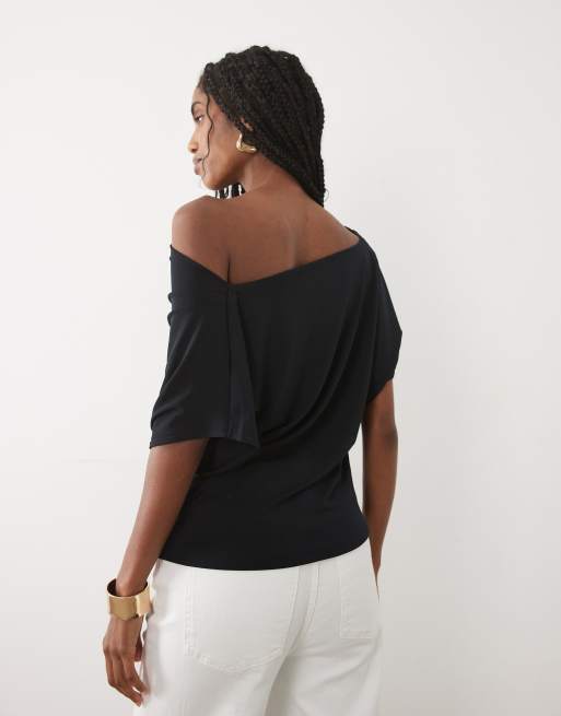Abercrombie & Fitch one shoulder asymmetrical slinky top in black, 4 of 4