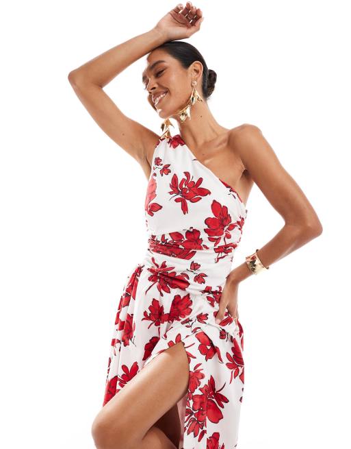 Abercrombie Fitch one shoulder floral printed maxi dress with side slit in white and red