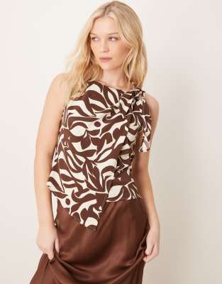 abercrombie & fitch one-shoulder scarf top in brown abstract print