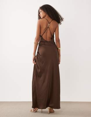 Abercrombie & Fitch Open Back Satin Maxi Dress In Brown