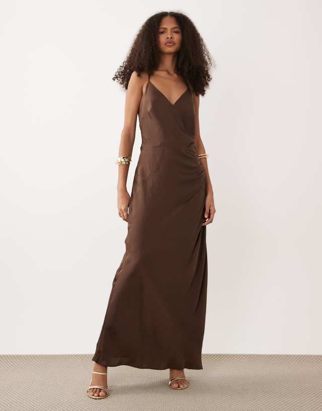 Abercrombie & Fitch open back satin maxi dress in brown