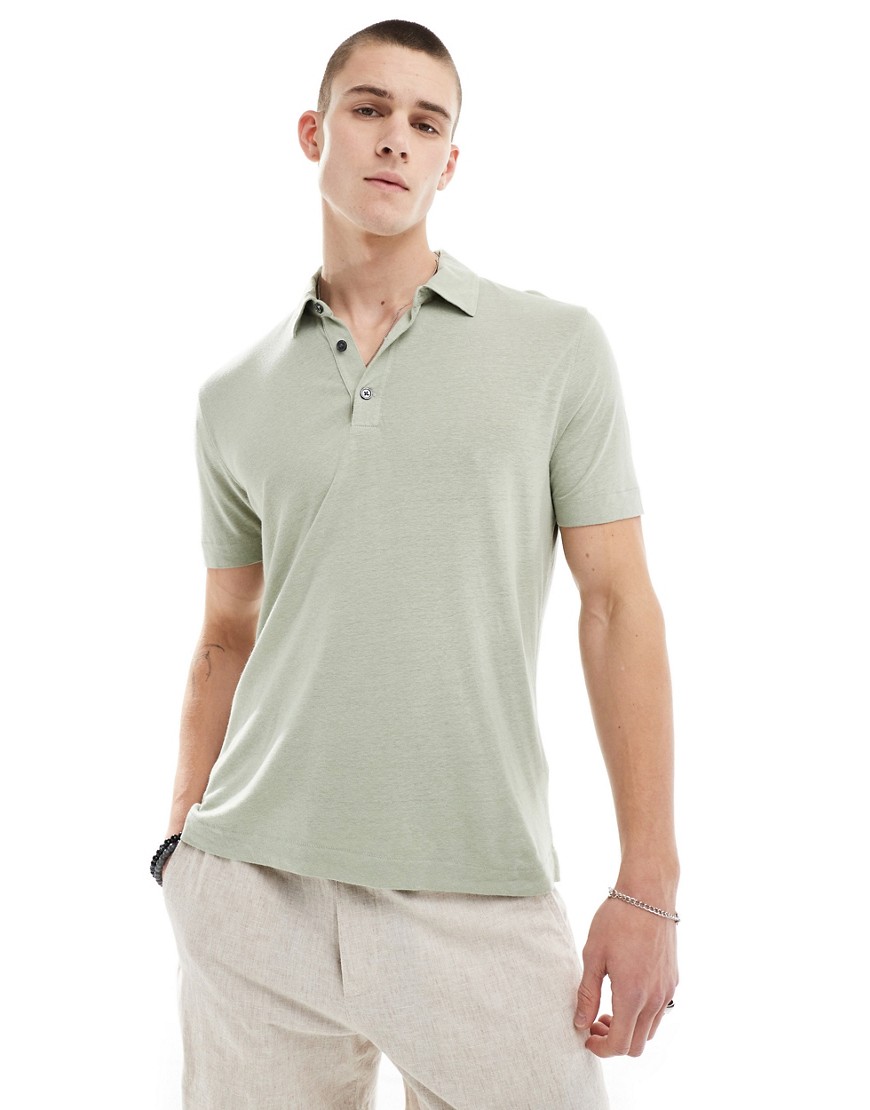 Abercrombie & Fitch open collar linen polo in light green