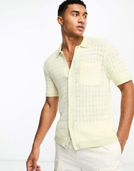 Abercrombie & Fitch open knit polo shirt with tipping in yellow/green ...