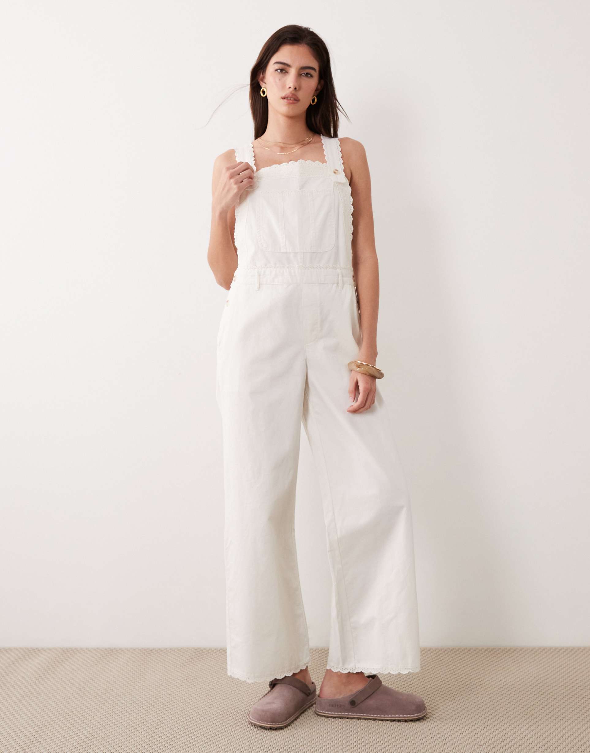 abercrombie & fitch overall jumpsuit with lace trim in white