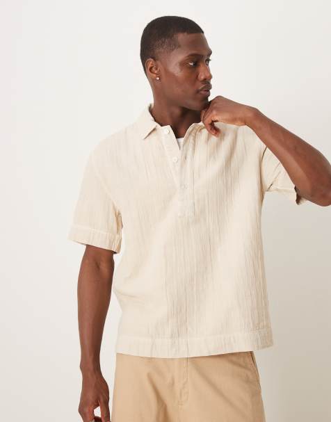 Abercrombie & Fitch - Overhemd met korte mouwen, knoopsluiting en linnen in beige - view 1