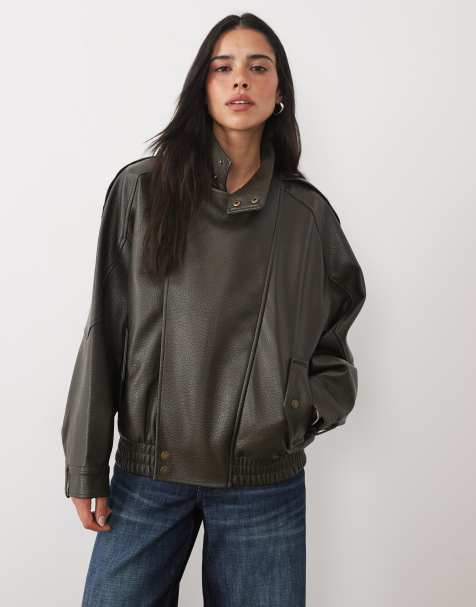 Abercrombie & Fitch Oversize-Bomberjacke aus Kunstleder in Khaki - view 1