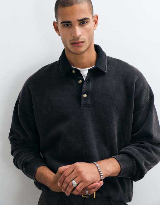 Abercrombie & Fitch Oversize-Polo-Sweatshirt mit Knopfleiste in Schwarz, 3 von 5