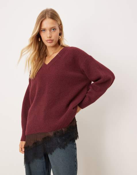Abercrombie & Fitch – Oversize-Strickpullover in Burgunderrot mit V-Ausschnitt - view 1