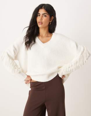 Abercrombie & Fitch - Oversize-Strickpullover in Creme mit V-Ausschnitt-Weiß